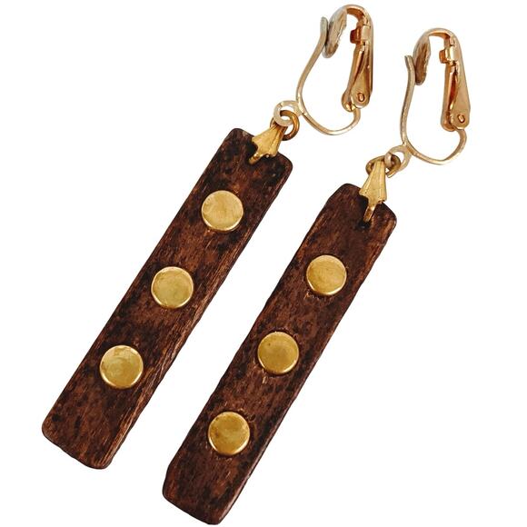 VTG 60s Wood Gold Tone Clip On Dangle Earrings Mid Century Modernist Minimalist - Picture 1 of 9